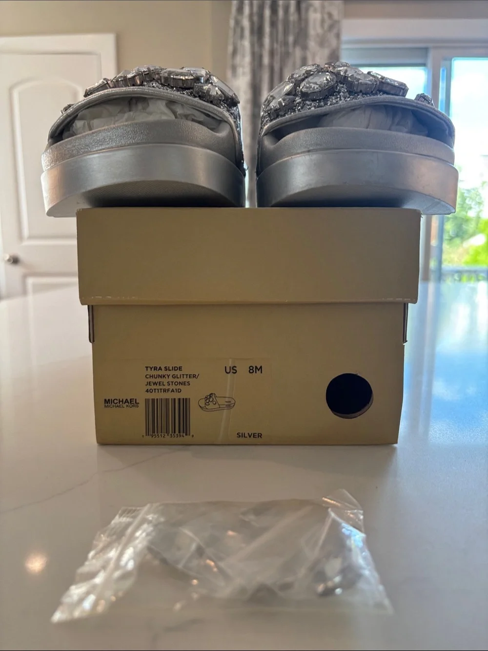 Michael Kors Silver Crystal Embellished Slide Sandals